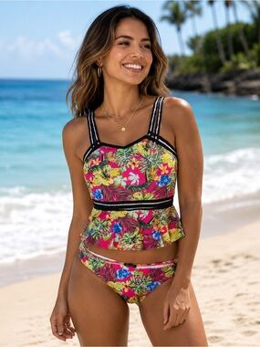Tropical Floral Two-Piece Swim Set - Pink & Multicolor XL NWT